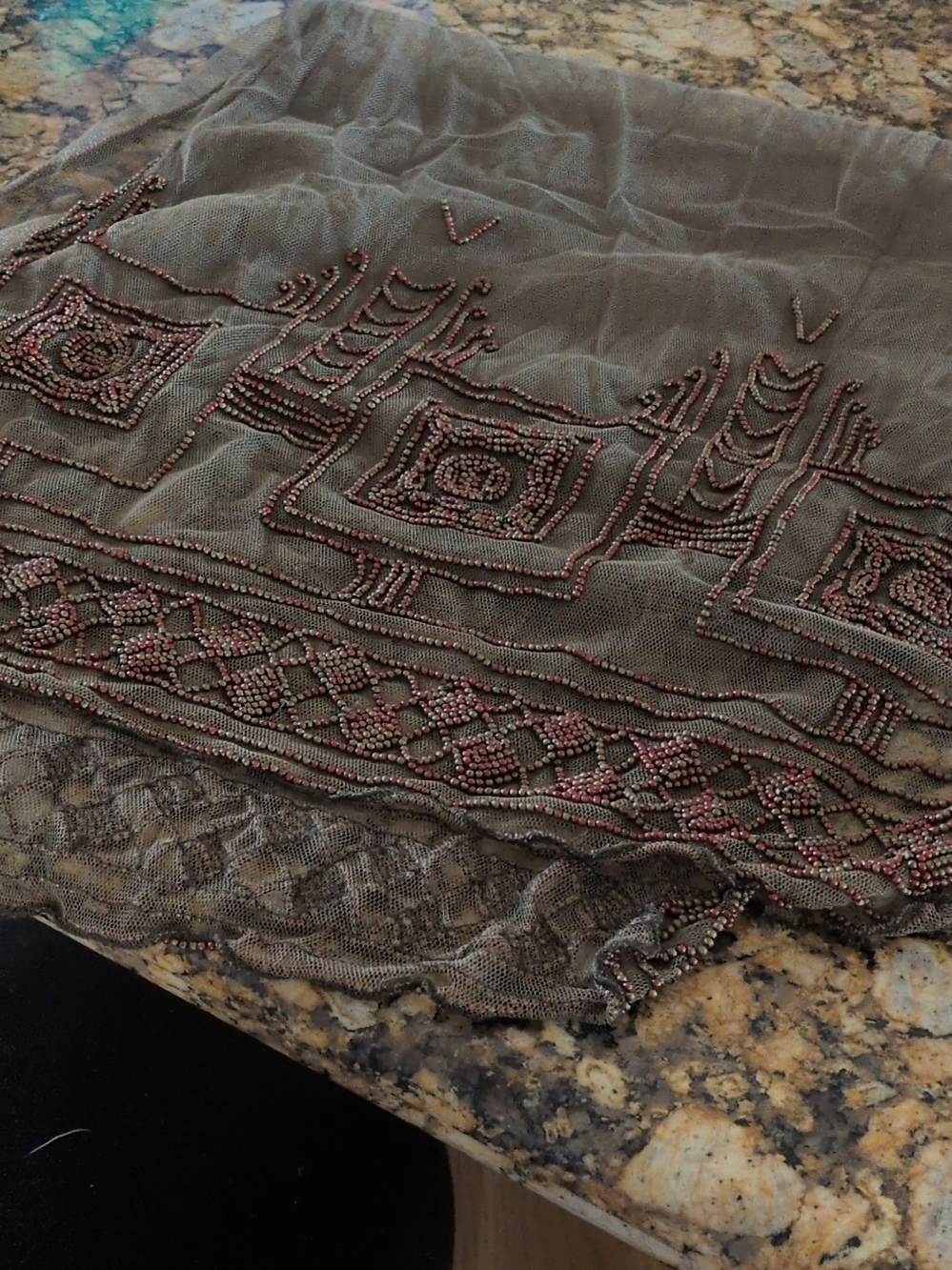Beaded Embroidered Sheer Scarf in Olive with Pink Accents